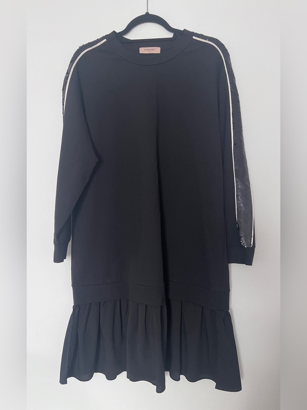 TWINSET Black Midi Dress with Sequin-Trim Sleeves